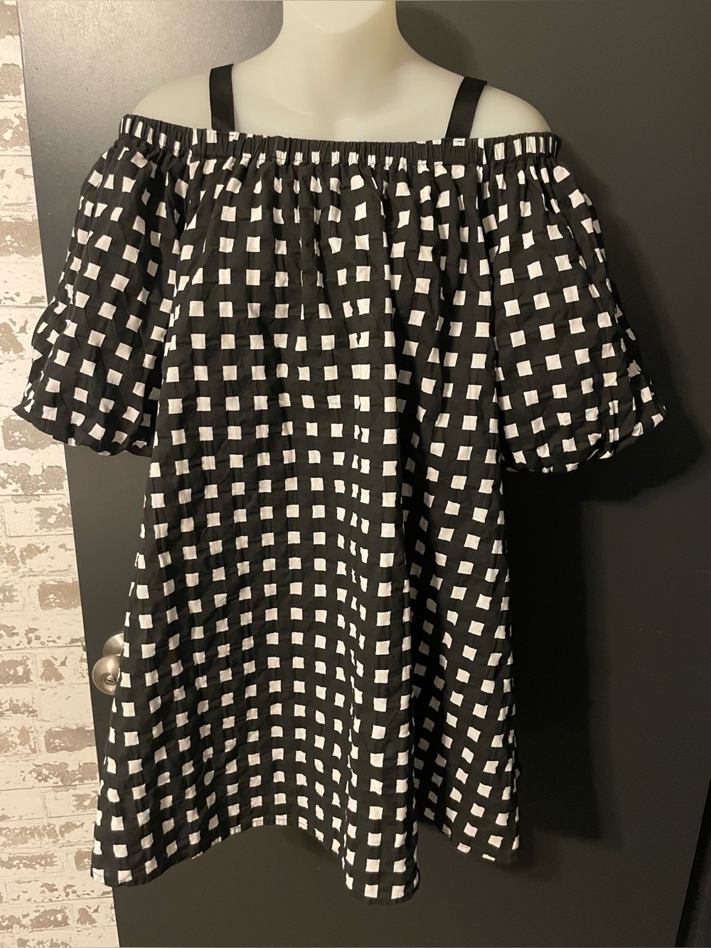Setirom Black White Check Puff Sleeve Off Shoulder Mini Dress Small - Picture 2 of 9